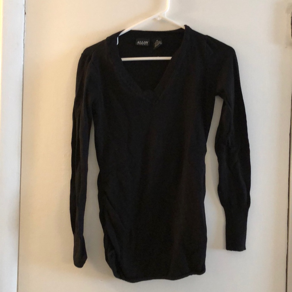 Black V Neck Sweater with Ruched Sides